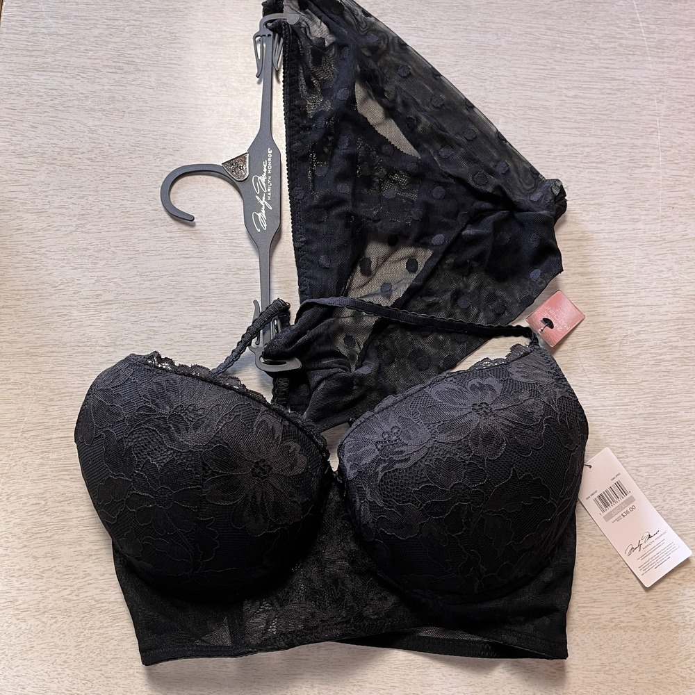 Marilyn Monroe 2-Piece Bra & Panty Set Womens 38C/XL Black Polka Dot Lace Mesh